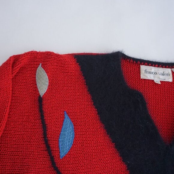 Vintage Franco Valeri Red Knit Black V-Neck Details Colourful Leaves Sweater S - Picture 9 of 11